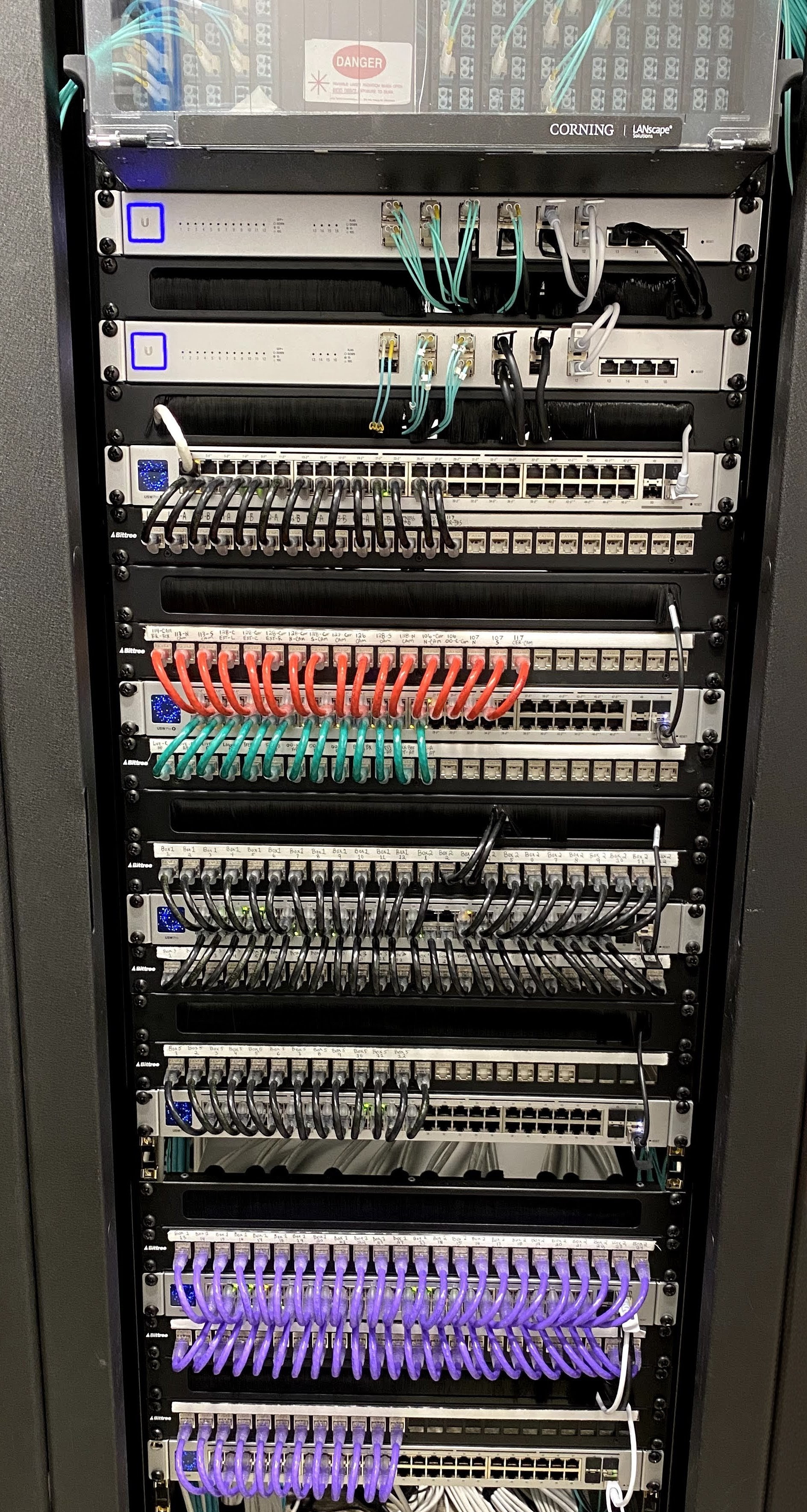 Enterprise fiber rack installation with colored patch cables